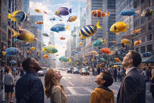 Surreal Tropical Fish Flying Above Busy City Street – Fantasy Urban Scene