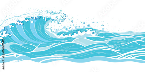Bright blue ocean waves with white foam splashes, stylized sea illustration, wave crest