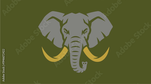 Stylized Elephant Head with Large Tusks on Olive Green Background.