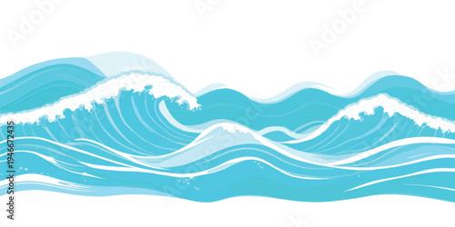 Stylized ocean waves illustration with white crests, blue water background, wave crest