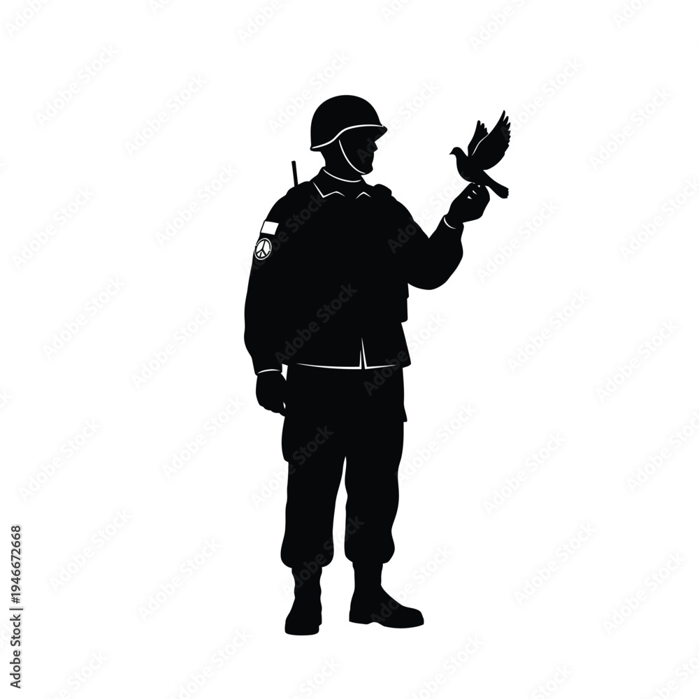Obraz premium Soldier holding a bird in his hand standing alone peacefully