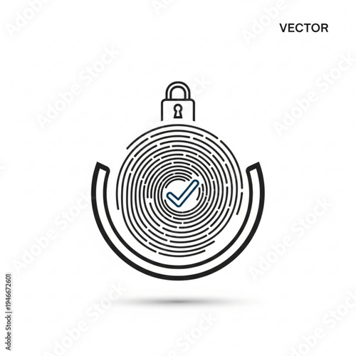 Vector illustration of a fingerprint with a checkmark and a padlock on top, symbolizing secure identity verification and authentication