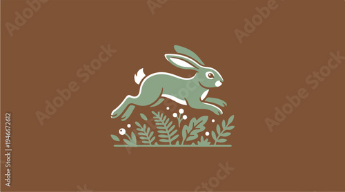 Stylized illustration of a jumping rabbit in a forest setting.