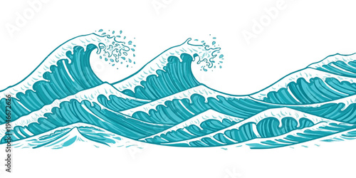 Vibrant blue ocean wave illustration with white foam and spray with wave crest
