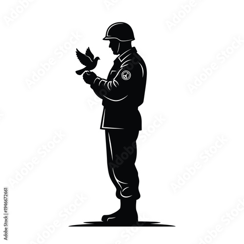 Soldier holding a bird in his hand standing still  peaceful gesture