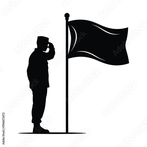 Soldier saluting a waving flag on a pole  patriotism and loyalty concept