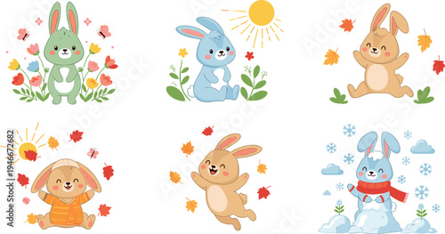Cute bunny four seasons character set with flowers sun autumn leaves winter snow adorable rabbit cartoon vector illustration