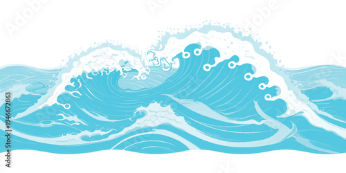 Stylized ocean waves with white crests and light blue water in illustration style, perfect for backgrounds and designs, abstract background, ocean wave, sea wave