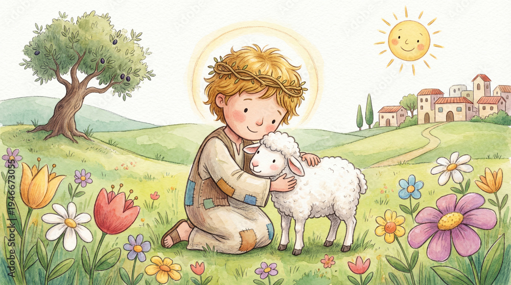 Fototapeta premium Gentle young boy wearing crown of thorns and halo embraces fluffy white lamb in vibrant, sunlit meadow filled with colorful flowers, olive tree, rolling hills, and quaint village in distance, watercol