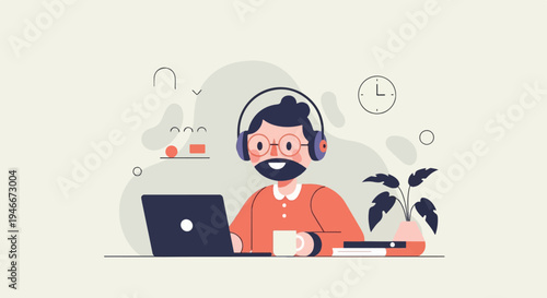 Animated individual with headphones and glasses working on laptop with coffee