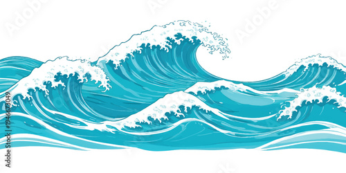 Stylized ocean waves with white crests and light blue water in illustration style, perfect for backgrounds and designs, abstract background, ocean wave, sea wave