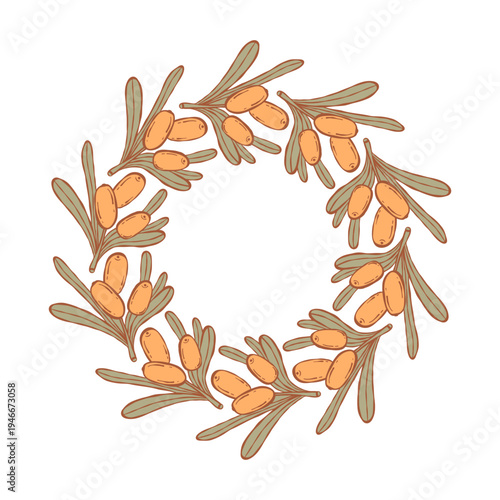 Sea Buckthorn Circular Wreath Template. Botanical Round Frame with Orange Berries and Green Leaves with Empty Copy Space on White. Vector illustration, hand-drawn