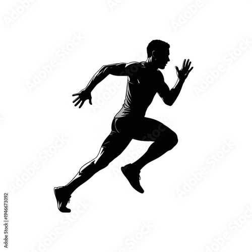 A black silhouette of a man running in a dynamic pose with arms and legs extended