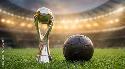 Generic football trophy with soccer ball on stadium grass field. Sports championship victory concept for football tournaments and competition awards.