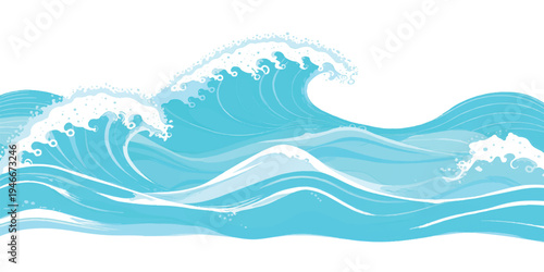 Stylized ocean waves with white crests and light blue water in illustration style, perfect for backgrounds and designs, abstract background, ocean wave, sea wave
