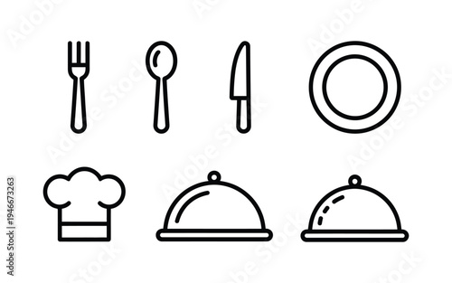 Fork spoon knife plate chef hat and cloche or tray icon, cutlery icon set in line and flat style, dinnerware symbol collection for restaurant cooking and food service, vector illustration on a white b