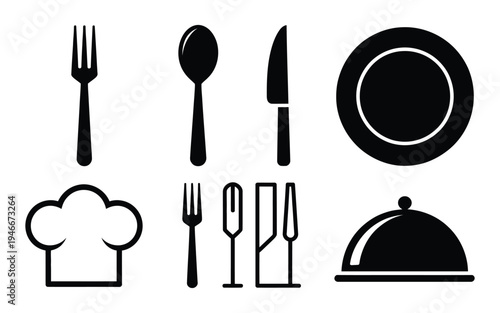 Fork spoon knife plate chef hat and cloche or tray icon, cutlery and dining icon set in modern line and flat design, kitchen and culinary symbols for food service and restaurant applications.
