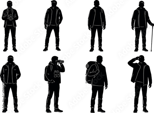 Set of black silhouettes of men in outdoor clothing, including travelers, hikers, photographers with cameras, backpackers, and explorers for design.