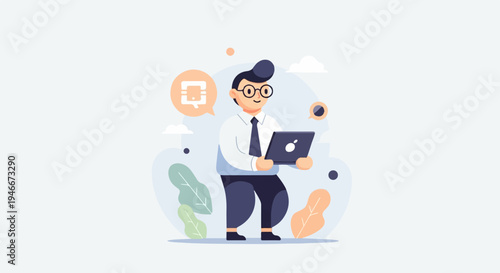 Animated character in professional attire using a laptop in a stylized setting