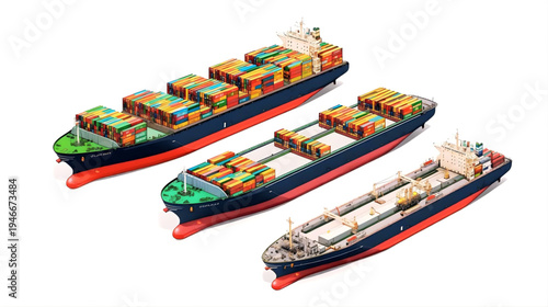 An illustration of three types of cargo ships: a container ship with colorful shipping containers, a bulk carrier with an open deck, and an oil tanker with a distinctive funnel and deck equipment
