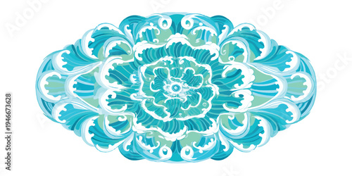 Abstract mandala design made of stylized ocean waves and water swirls, intricate pattern