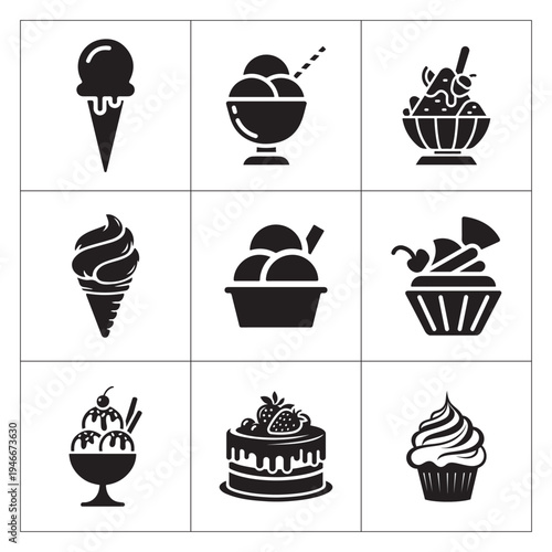 Delicious Black Ice Cream Sundae Cake Dessert Icon Set
