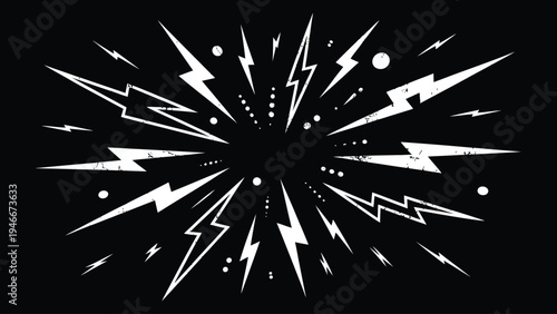 Abstract white lightning bolts and thunderbolts radiating on black background