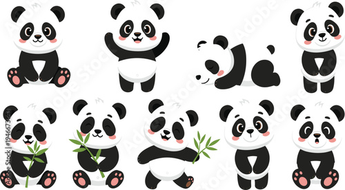 Cute Panda Bear Character Collection with Different Sitting, Standing and Playing Poses with Bamboo in Adorable Cartoon Style for Kids Nursery Designs.