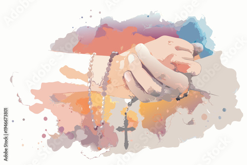 Praying hands holding rosary beads with a religious cross illustration