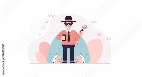 Animated investigator in hat and sunglasses holding magnifying glass and phone