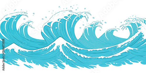 Horizontal banner of stylized blue ocean waves and sea spray, clean vector art