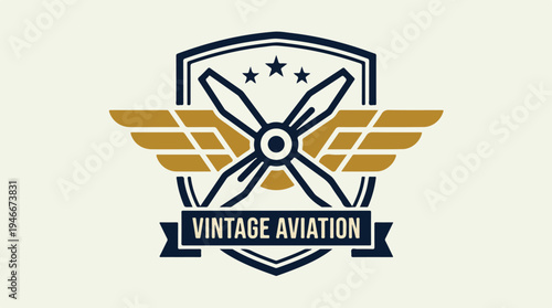 Vintage Aviation Emblem with Propeller and Wings.