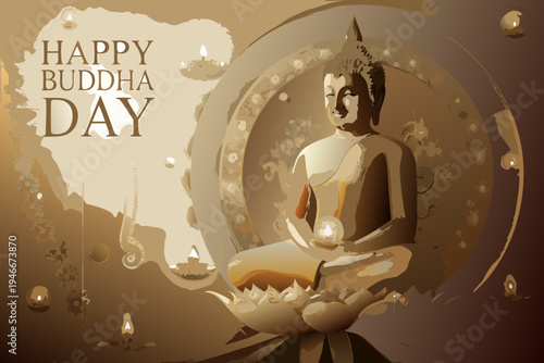 Happy buddha day illustration with a serene buddha statue and candles
