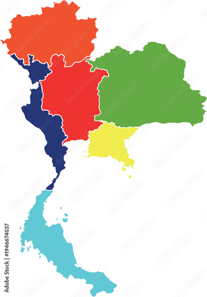 Fototapeta premium Multicolor Thailand Regional Map Vector - Colorful Infographic of Thai Provinces and Administrative Districts