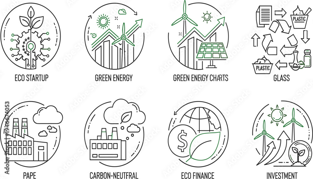 Fototapeta premium Sustainable Energy and Eco Business Line Icon Set with Green Technology, Recycling, Carbon Neutral Industry, Eco Finance and Renewable Investment Symbols