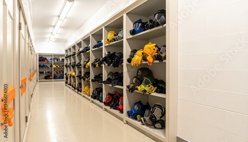 Konstfotografi Array of essential protective equipment like gas masks, gloves, and helmets, meticulously organized on white shelves in a bright, clean storage facility, emphasizing safety and readiness