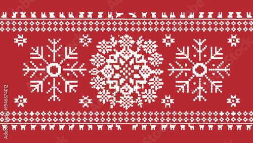 A vibrant red and white nordic pattern resembling a knitted sweater