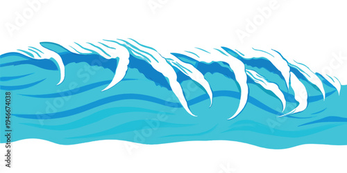 Stylized blue ocean wave with white crest on white background