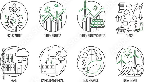 Sustainable Energy and Eco Business Line Icon Set with Green Technology, Recycling, Carbon Neutral Industry, Eco Finance and Renewable Investment Symbols