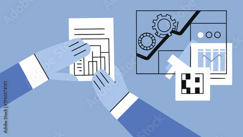 Hands analyzing data reports with charts and graphs displayed digitally