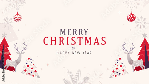 Festive christmas card with reindeer trees and holiday greetings