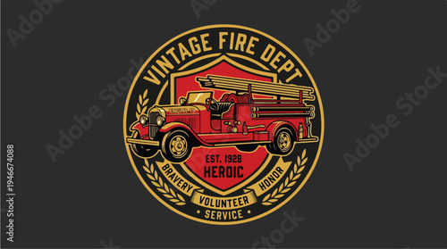 Vintage Fire Truck Emblem with Heroic Volunteer Service.