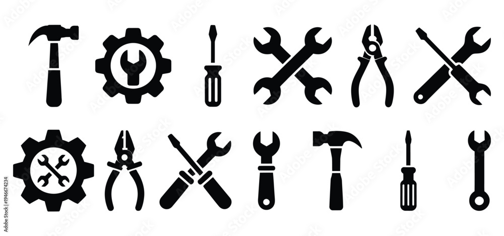 Fototapeta premium Black construction and manual repair tool icons set