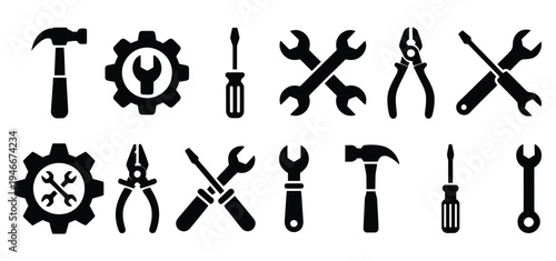 Black construction and manual repair tool icons set