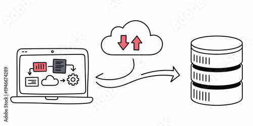 Laptop with Flowchart and Database vector illustration showing data flow, cloud of money above, representing financial management