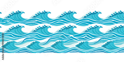 Horizontal banner of stylized blue ocean waves and white sea foam