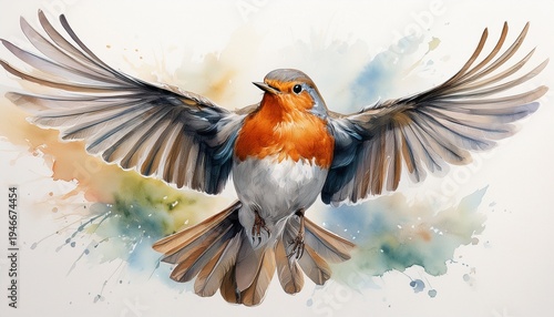 a watercolor painting of a robin in flight with its wings spread wide