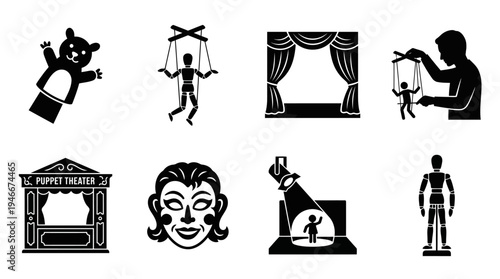 Puppetry Icons Vector – Marionettes, Theater Stage, Masks, Performance Graphic