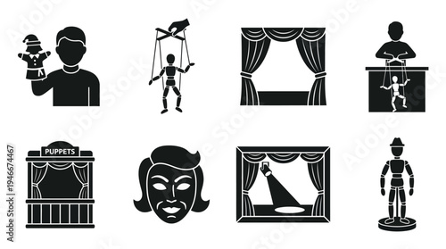 Puppetry Icons Vector – Marionettes, Theater Stage, Masks, Performance Graphic