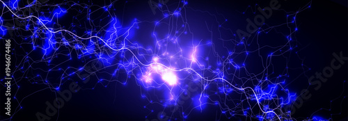 Electric Energy Lightning Plasma, Blue Neon Abstract Lightning Background, Glow Spark Surge Power Current Voltage Network Connections Digital Cyber Technology Data Pulse. Vector Illustration.